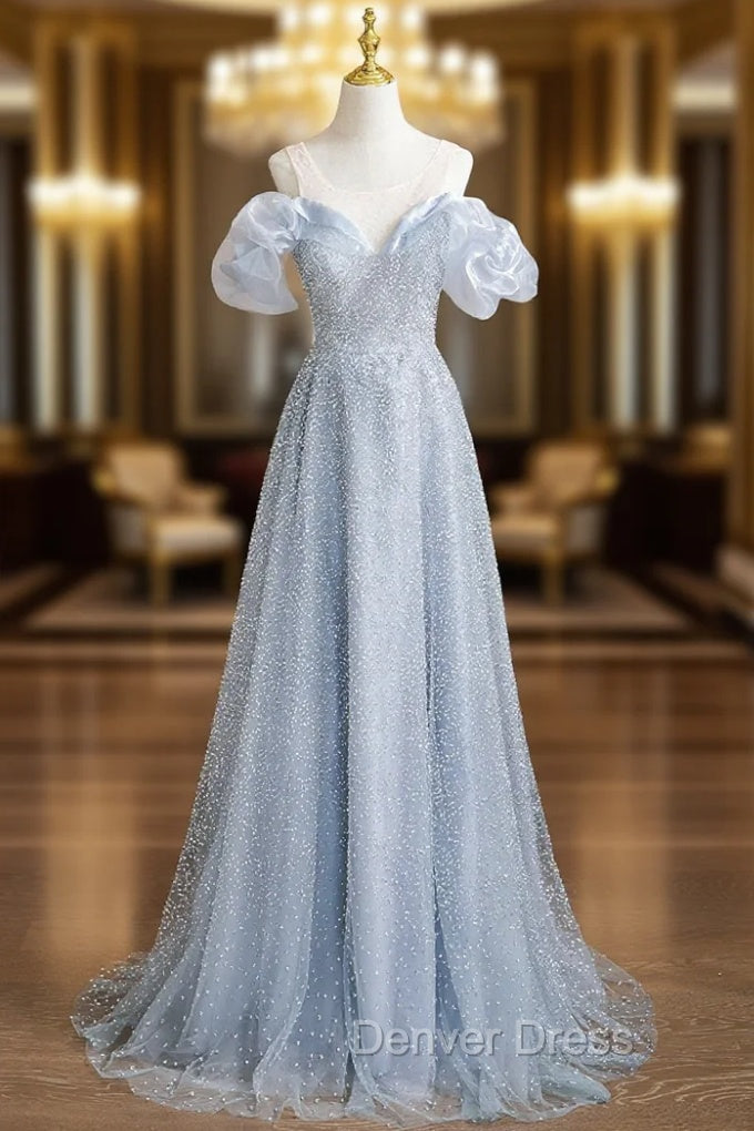 Blue Sequins Scoop Neck Backless Prom Dresses