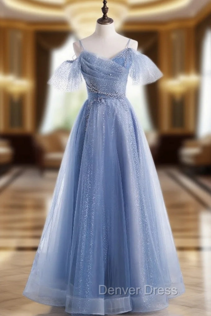 Blue Sequins Spaghetti Straps Beading Prom Dresses Main image