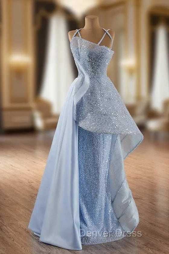 Blue Sequins Spaghetti Straps Prom Dresses Main image