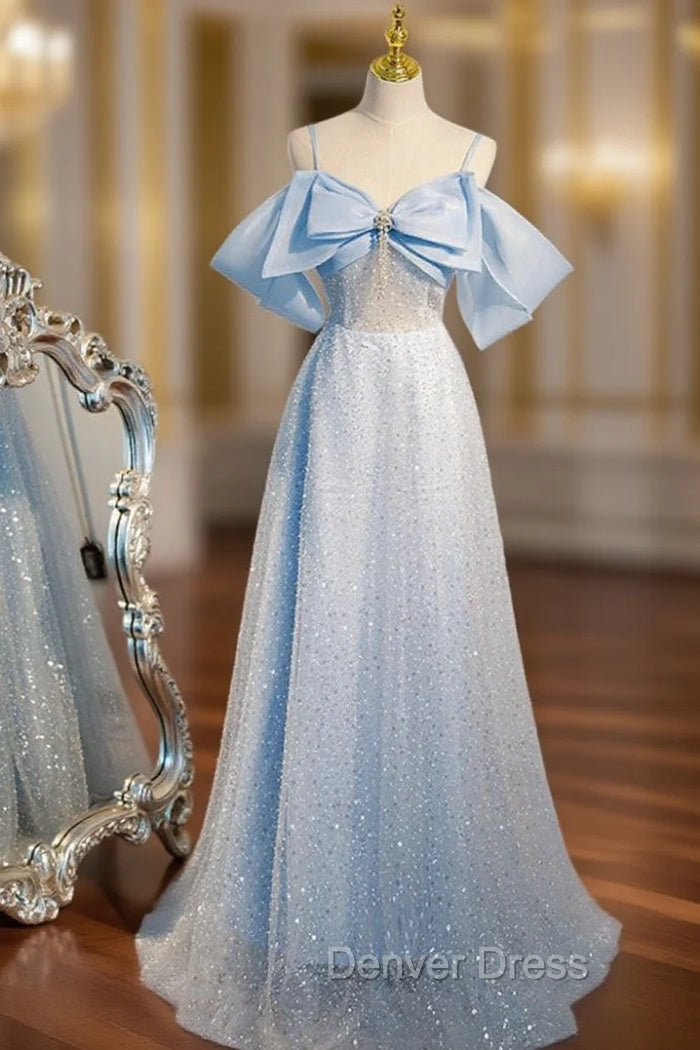 Blue Sequins Straps Bow Prom Dresses