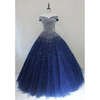 Blue Sequins Sweetheart Ball Gowns Sweet 16 Gowns, Blue Tulle Prom Dresses