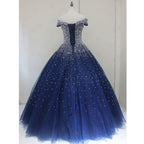 Blue Sequins Sweetheart Ball Gowns Sweet 16 Gowns, Blue Tulle Prom Dresses