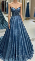 Blue Sequins Sweetheart Beading Prom Dresses