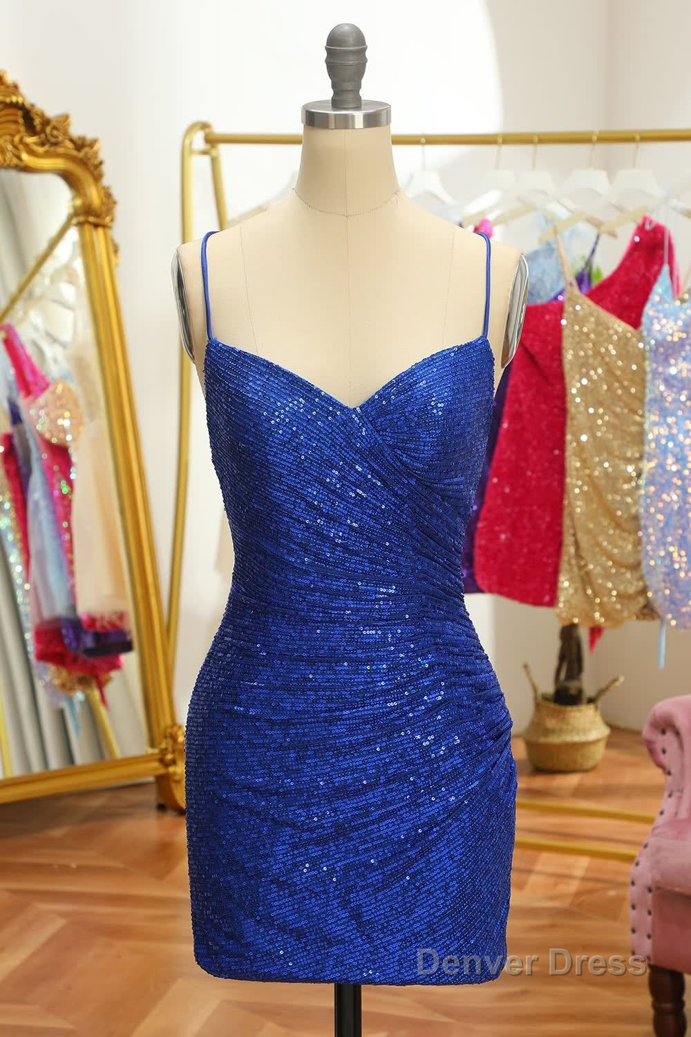 Blue Sequins Tight Backless Short Homecoming Dresses