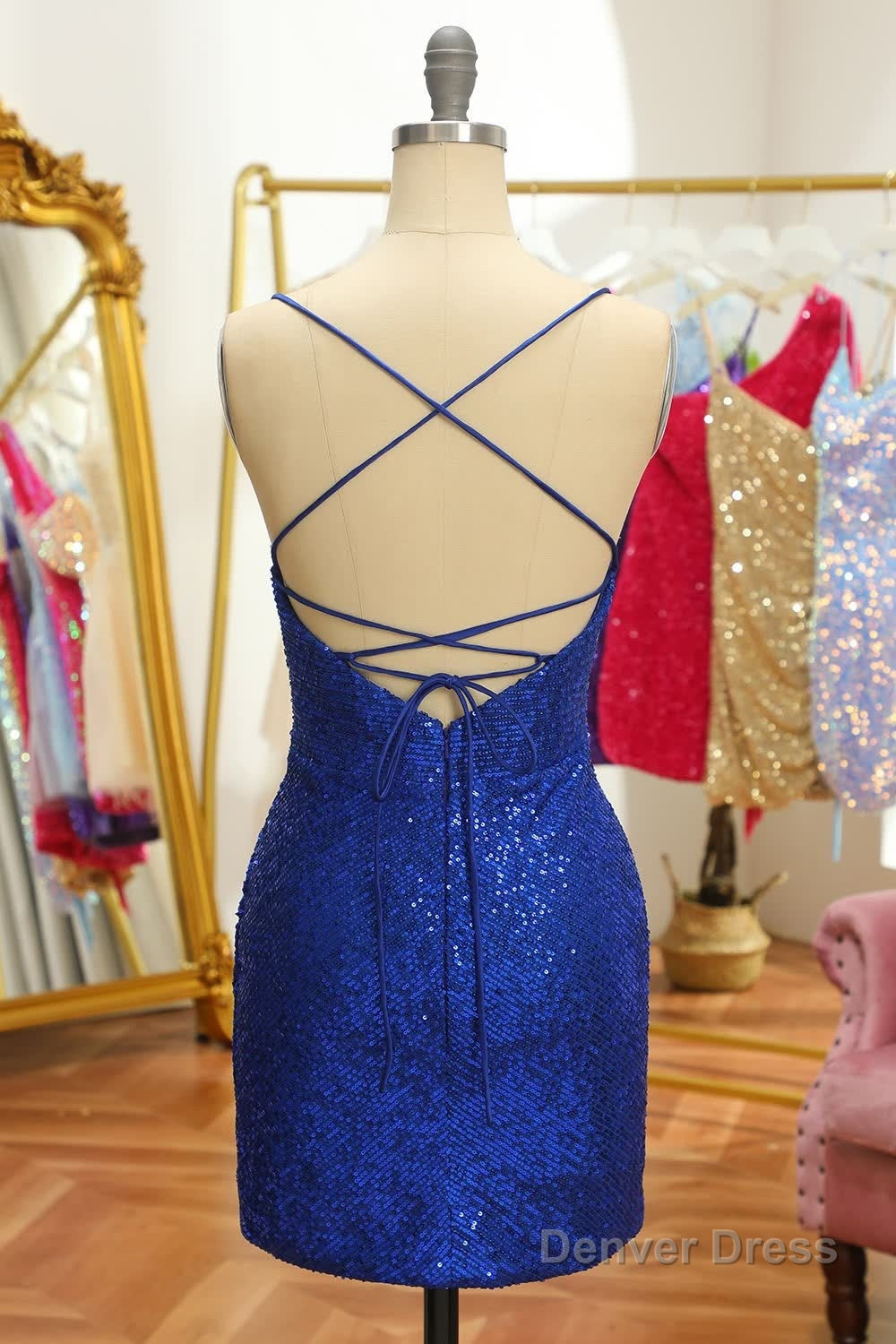 Blue Sequins Tight Backless Short Homecoming Dresses