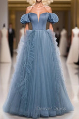 Blue Sequins Tulle Off the Shoulder Prom Dresses