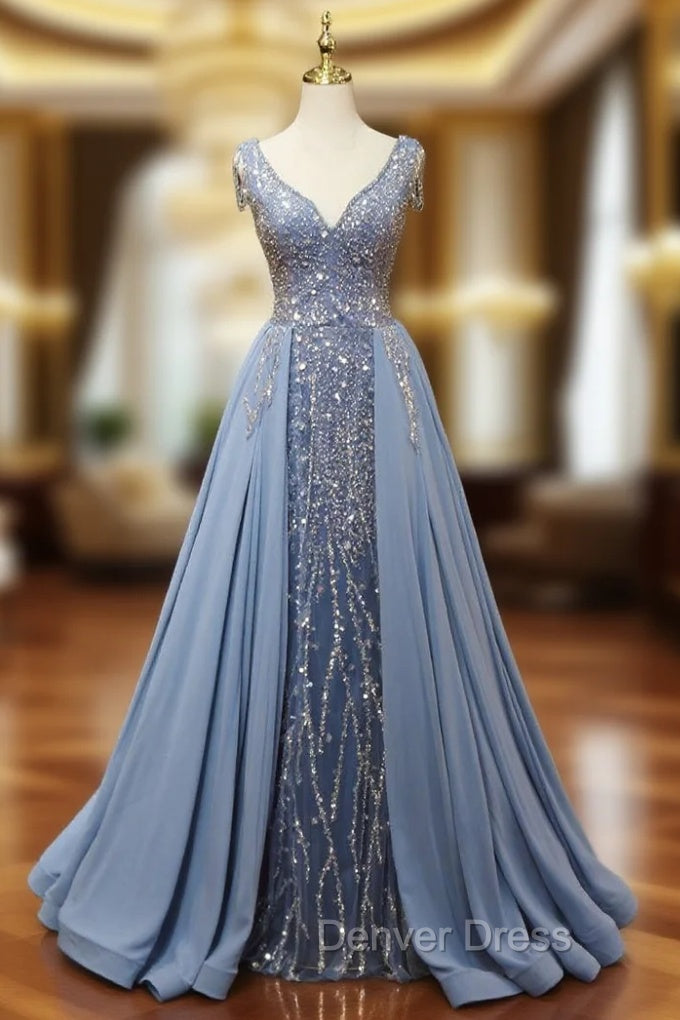 Blue Sequins V-neck Beading Prom Dresses Main image