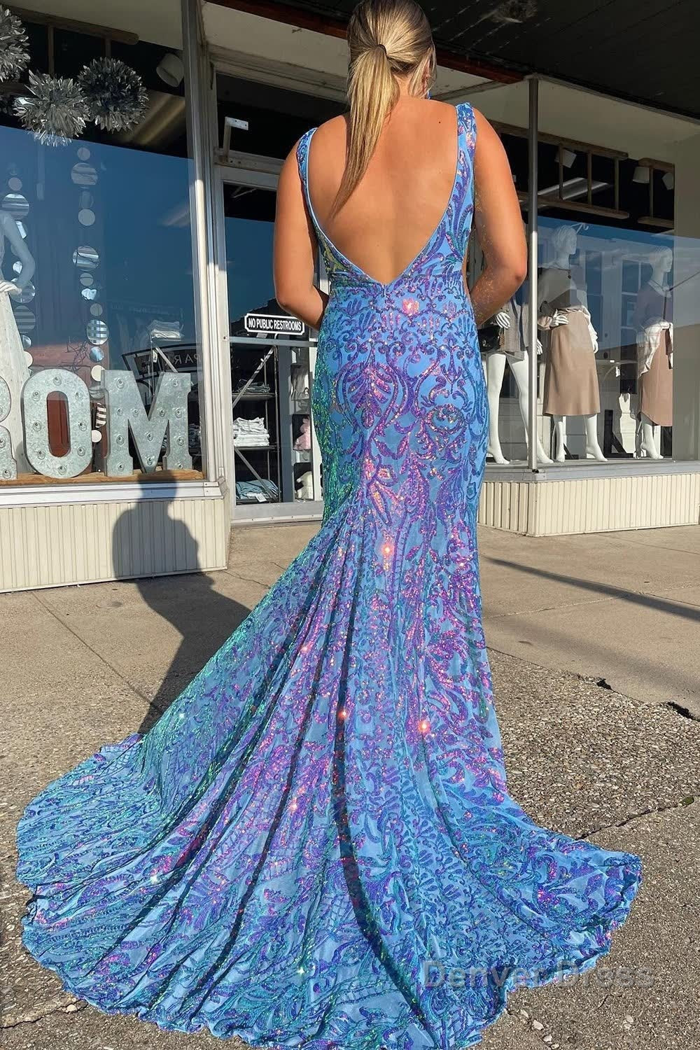 Blue Sequins V Neck Mermaid Prom Dresses Secondary image