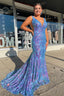 Blue Sequins V Neck Mermaid Prom Dresses