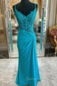 Blue Sheath Straps Appliques Beading Prom Dresses