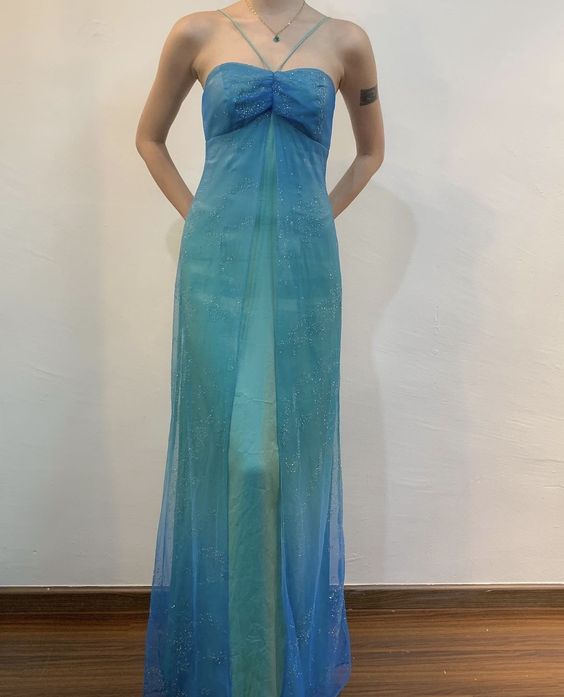 Blue Shiny Fashion Gradient Spray Gold Retro Elegant Sling Long Tulle Ball Gowns Prom Dress Secondary image