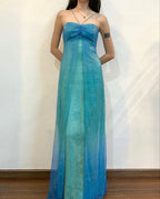Blue Shiny Fashion Gradient Spray Gold Retro Elegant Sling Long Tulle Ball Gowns Prom Dress