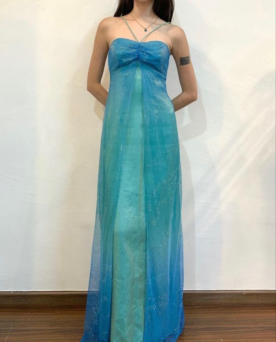 Blue Shiny Fashion Gradient Spray Gold Retro Elegant Sling Long Tulle Ball Gowns Prom Dress