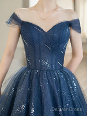 Blue Shiny Tulle Floor Length Prom Dress, Off The Shoulder A-Line Evening Party Dress