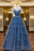 Blue Shiny Tulle Long Beaded A-line Prom Dresses, Blue Floor Length Party Dresses