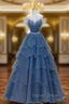 Blue Shiny Tulle Long Beaded A-line Prom Dresses, Blue Floor Length Party Dresses