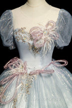 Blue Shiny Tulle Long Prom Dresses with Sequins, A-Line Short Sleeve Party Dresses