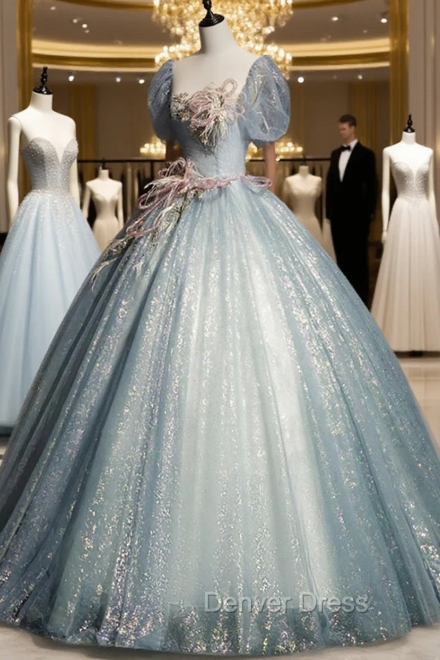 Blue Shiny Tulle Long Prom Dresses with Sequins, A-Line Short Sleeve Party Dresses