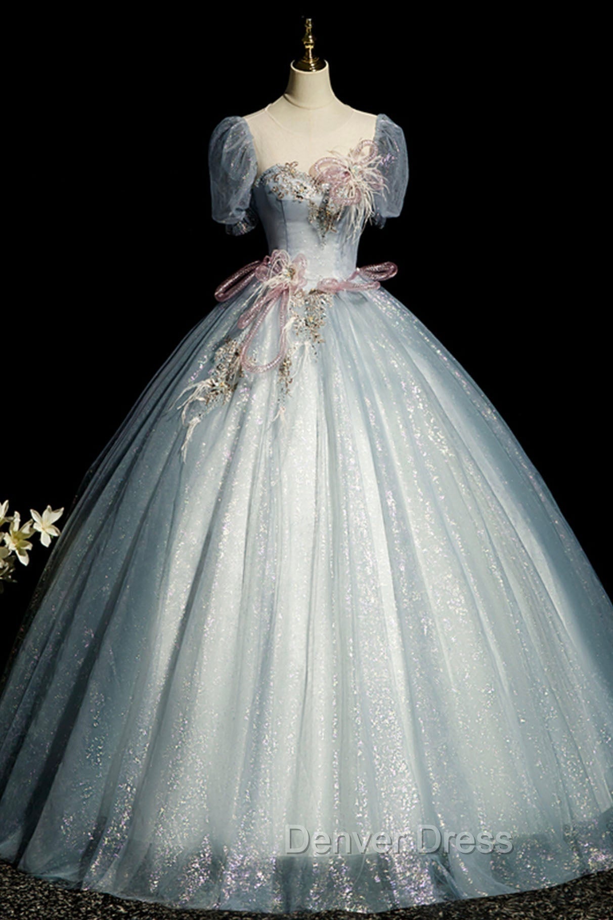 Blue Shiny Tulle Long Prom Dresses with Sequins, A-Line Short Sleeve Party Dresses Main image