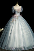 Blue Shiny Tulle Long Prom Dresses with Sequins, A-Line Short Sleeve Party Dresses