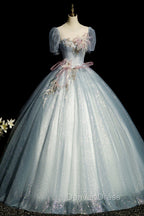 Blue Shiny Tulle Long Prom Dress with Sequins, A Line Short Sleeve Prom Dresses