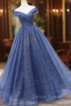 Blue Shiny Tulle Off the Shoulder Prom Dresses, Blue V-Neck Evening Dresses