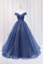 Blue Shiny Tulle Off the Shoulder Prom Dress, Blue V Neck Prom Dresses