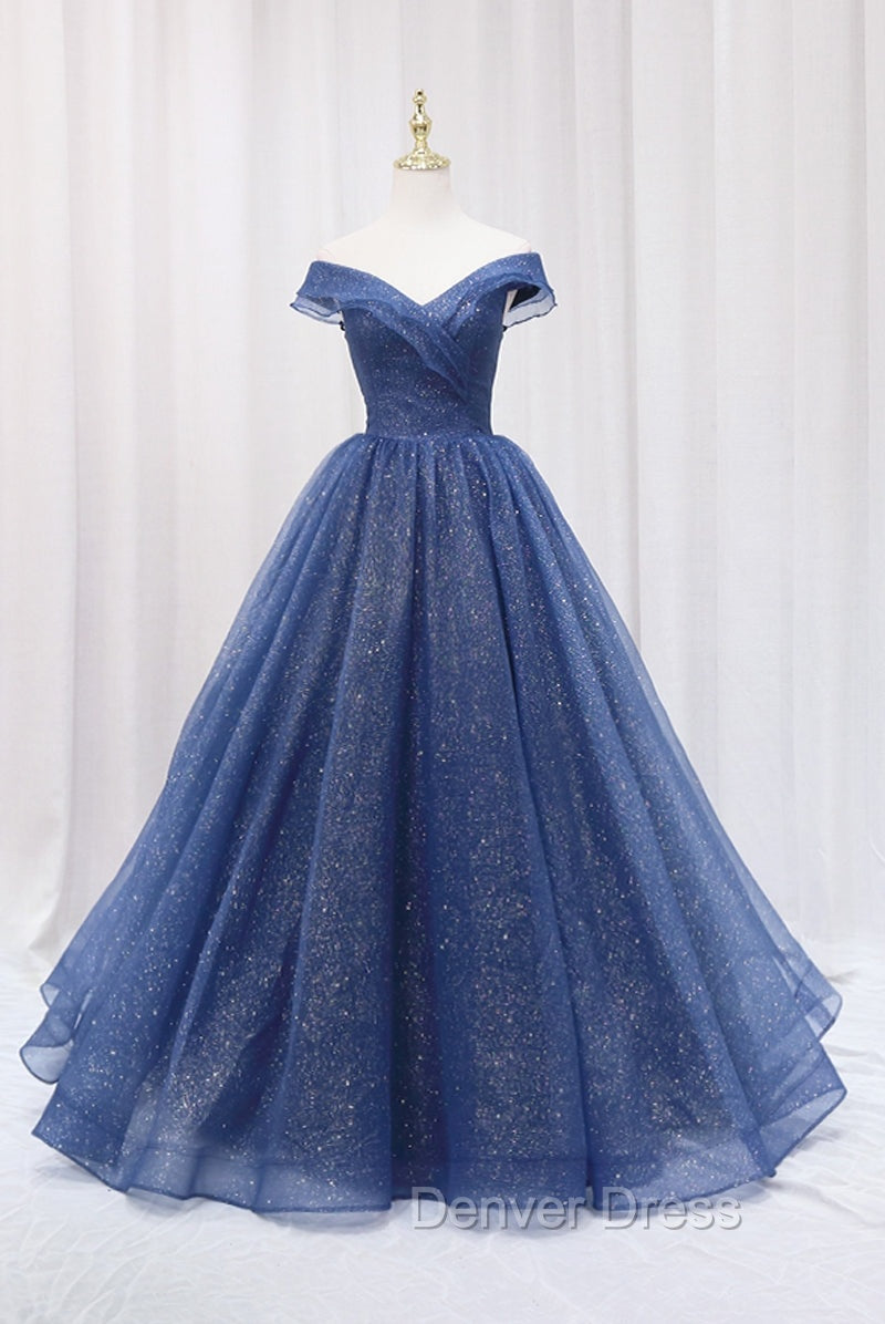 Blue Shiny Tulle Off the Shoulder Prom Dress, Blue V Neck Prom Dresses