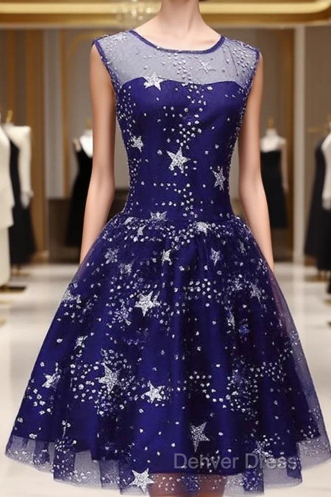 Blue Short Beautiful Homecoming Dress Tulle Sleevelessprom Dress, Blue Prom Dresses Main image