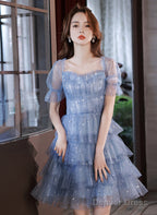 Blue Short Layers Tulle Prom Dress, Blue Off Shoulder Homecoming Dress Prom Dresses