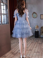 Blue Short Layers Tulle Prom Dress, Blue Off Shoulder Homecoming Dress Prom Dresses