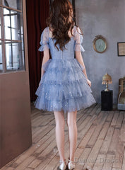 Blue Short Layers Tulle Formal Dress, Blue Off Shoulder Homecoming Dress Party Dress