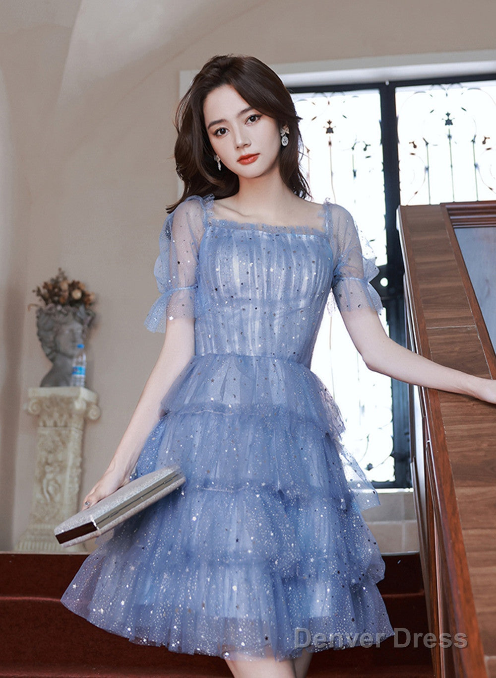 Blue Short Layers Tulle Prom Dress, Blue Off Shoulder Homecoming Dress Prom Dresses