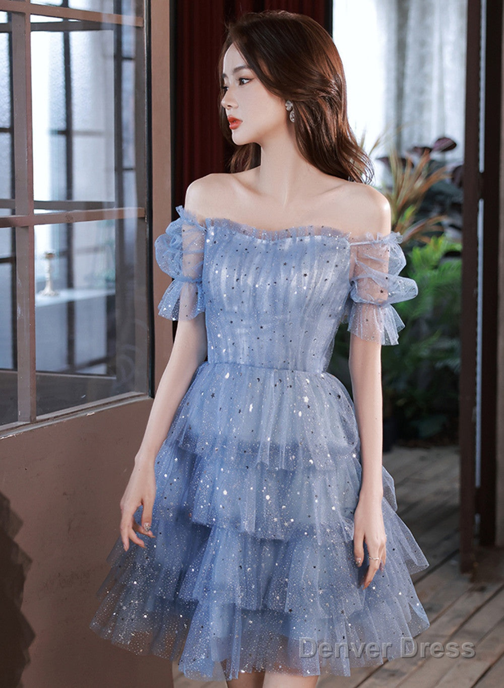 Blue Short Layers Tulle Prom Dress, Blue Off Shoulder Homecoming Dress Prom Dresses Main image