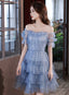 Blue Short Layers Tulle Prom Dress, Blue Off Shoulder Homecoming Dress Prom Dresses