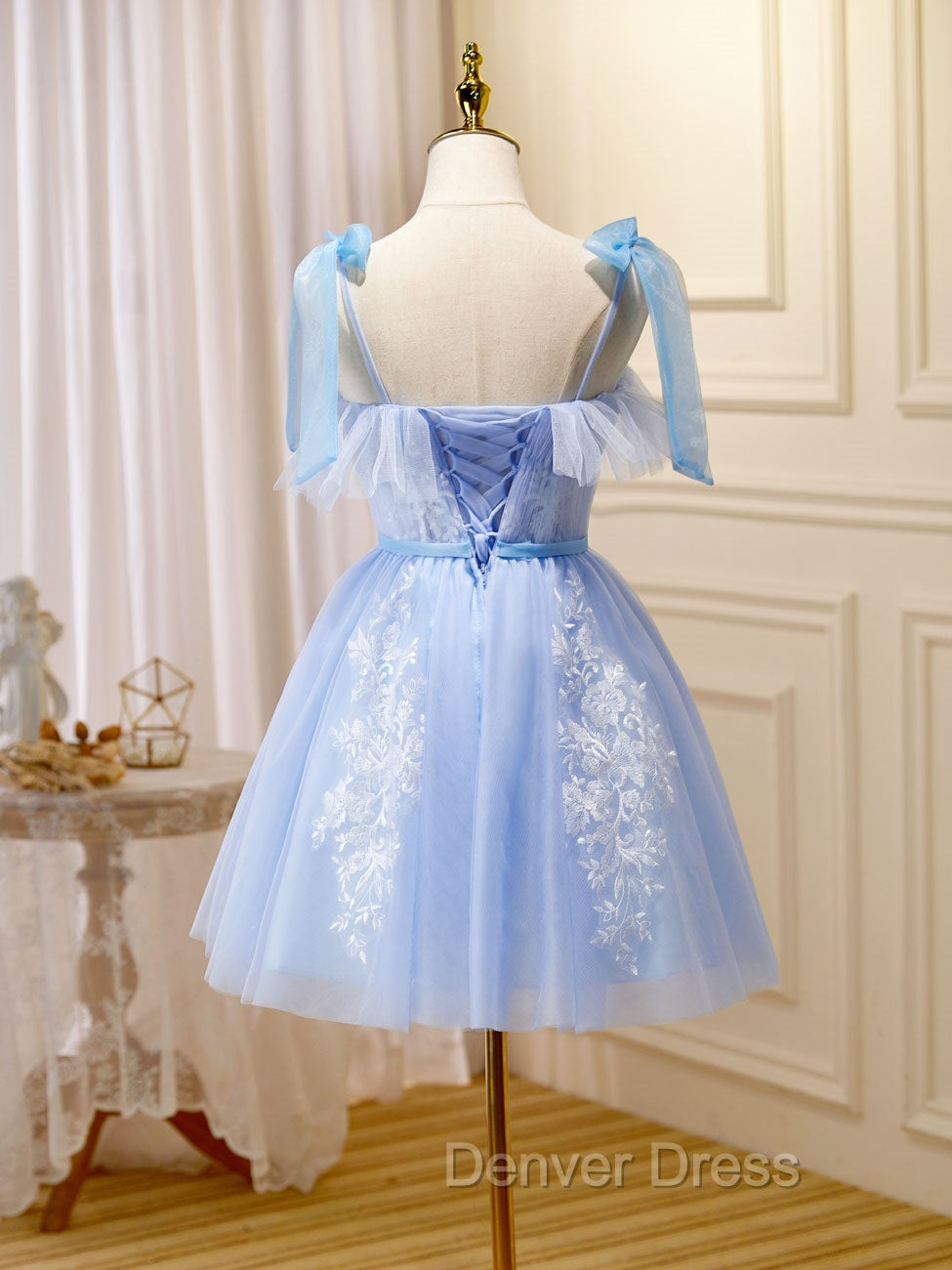 Blue Short Prom Dresses, Puffy Cute Blue Homecoming Dresses with Lace
