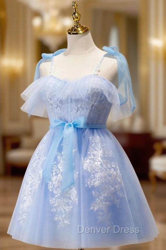 Blue Short Prom Dresses, Puffy Cute Blue Homecoming Dresses with Lace Main image
