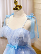 Blue Short Prom Dresses, Puffy Cute Blue Homecoming Dresses with Lace