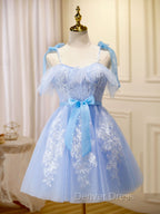 Blue Short Prom Dress, Puffy Cute Blue Homecoming Dresses with Lace