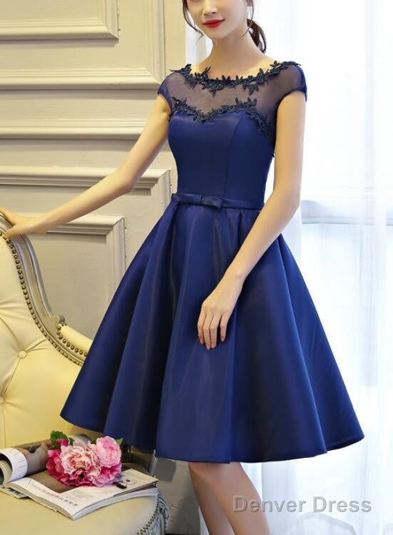 Blue Short Satin V Back Knee Length Homecoming Dress, Lovely Prom Dresses Main image
