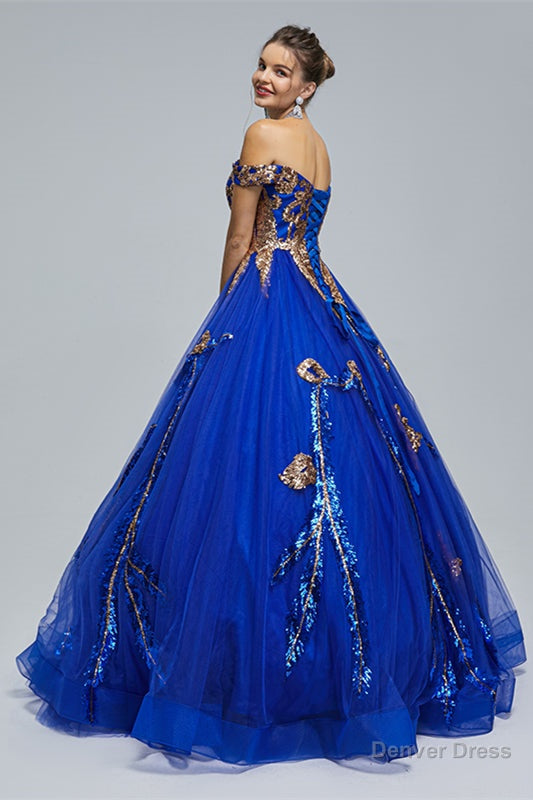 Blue Short Sleeve Off The Shoulder Tulle Sequin Decal Long Prom Dresses