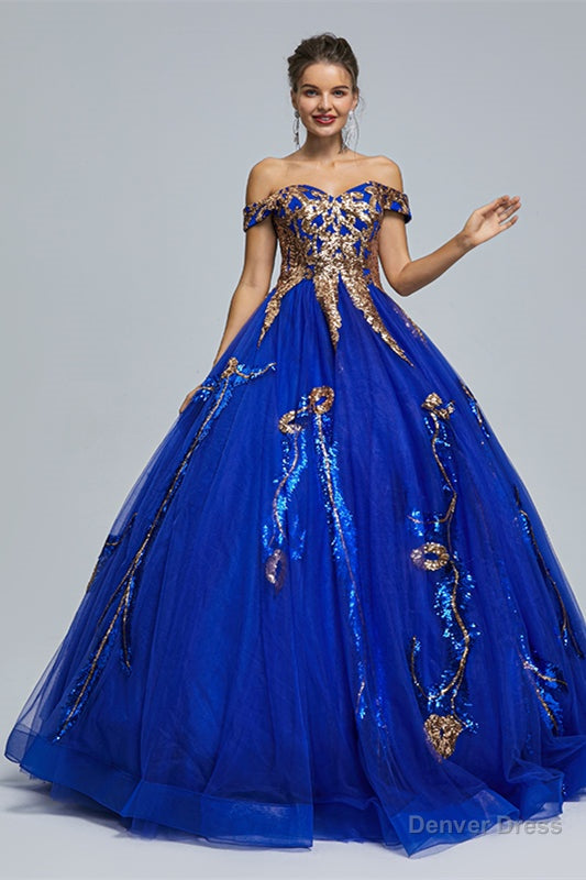 Blue Short Sleeve Off The Shoulder Tulle Sequin Decal Long Prom Dresses Secondary image