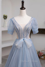 Blue Short Sleeve Tulle Floor Length Prom Dress with Beaded, Blue A Line Prom Dresses
