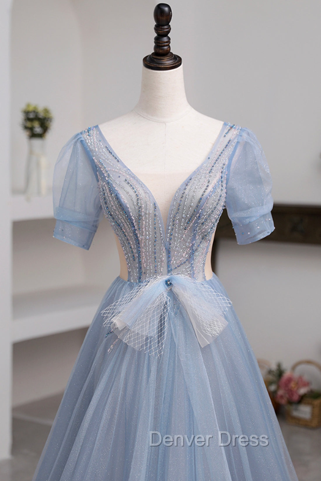 Blue Short Sleeve Tulle Floor Length Prom Dress with Beaded, Blue A Line Prom Dresses