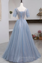 Blue Short Sleeve Tulle Floor Length Prom Dress with Beaded, Blue A Line Prom Dresses