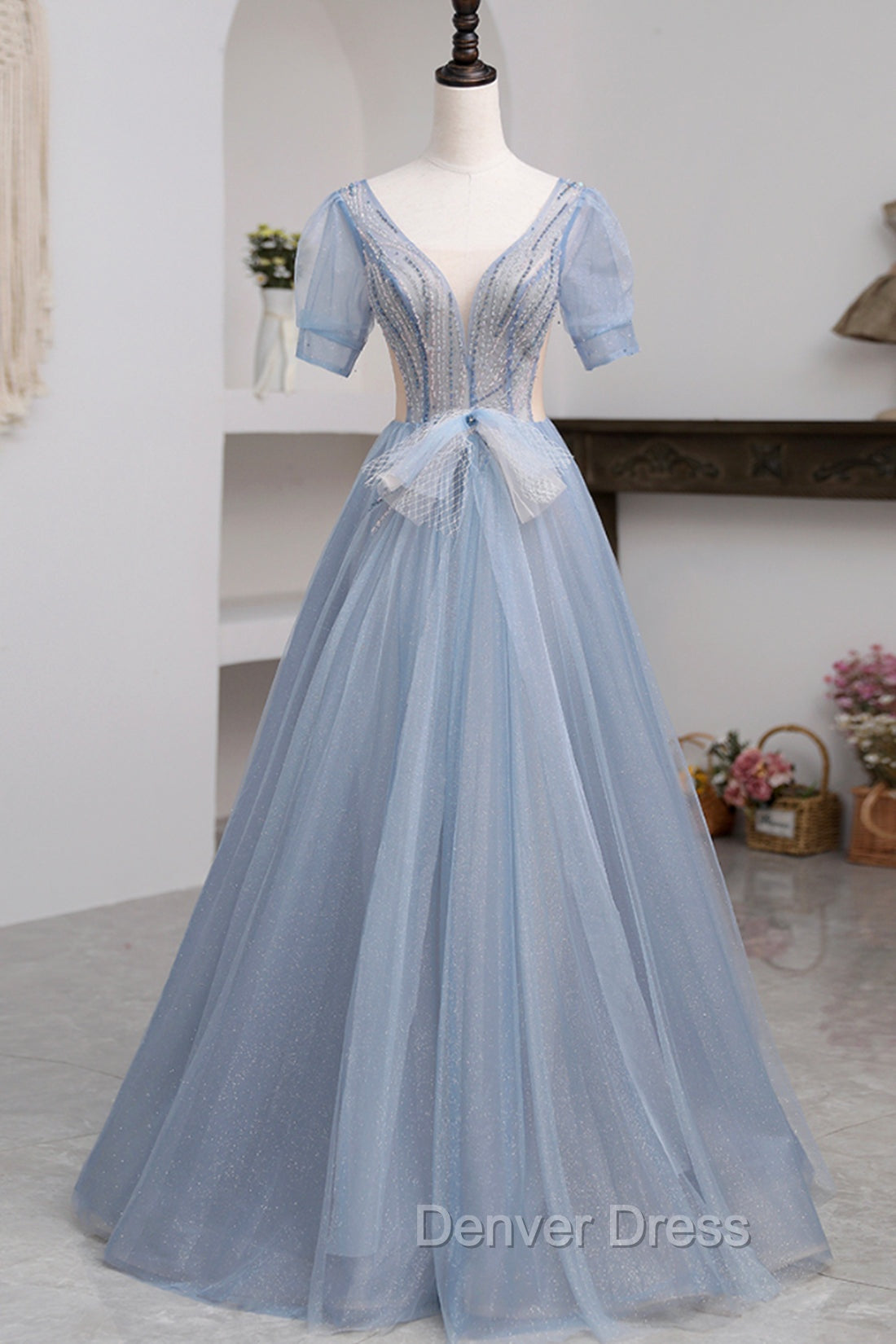 Blue Short Sleeve Tulle Floor Length Prom Dress with Beaded, Blue A Line Prom Dresses