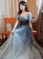 Blue Short Sleeves Gradient Tulle Long Prom Dress, Blue Long Prom Dress