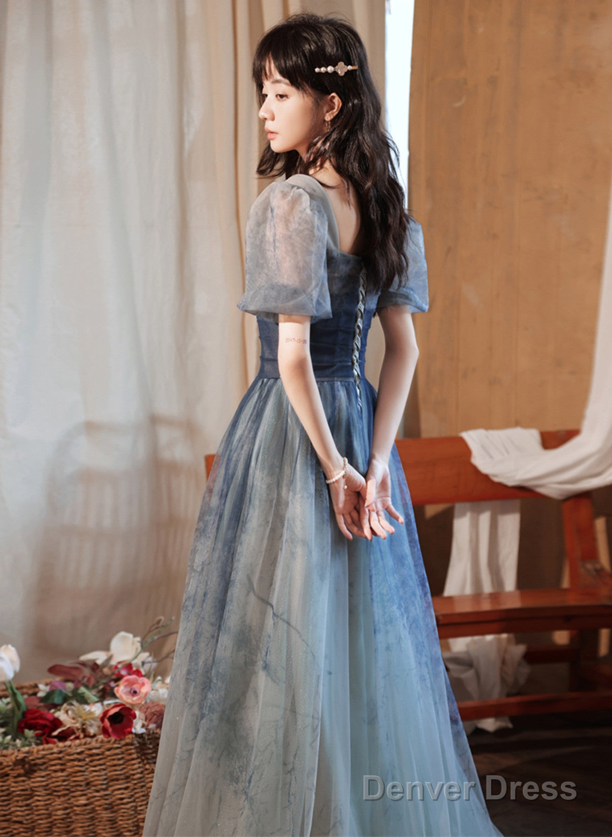 Blue Short Sleeves Gradient Tulle Long Prom Dress, Blue Long Prom Dress