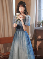 Blue Short Sleeves Gradient Tulle Long Prom Dress, Blue Long Prom Dress