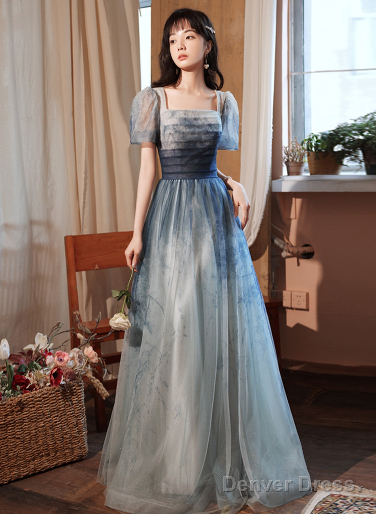 Blue Short Sleeves Gradient Tulle Long Prom Dress, Blue Long Prom Dress Main image